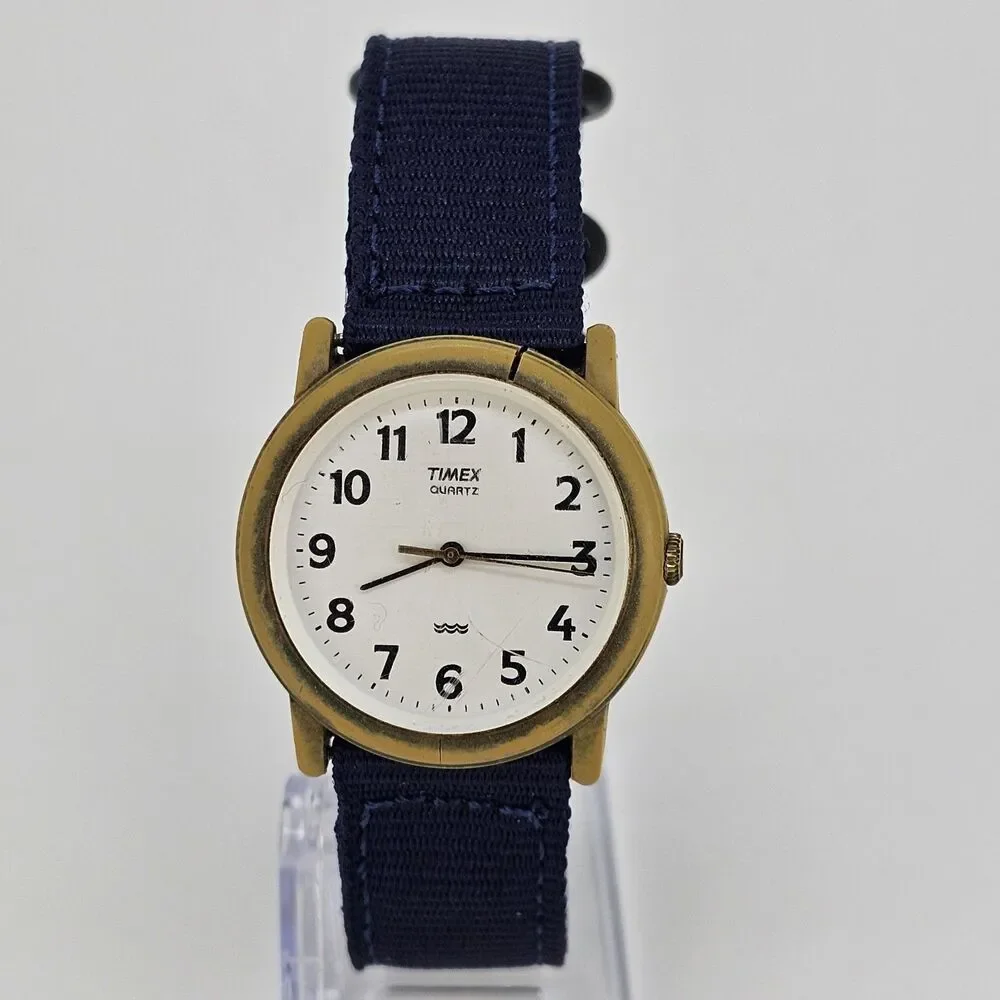 VTG Timex Easy Read Men Watch 34MM White Dial New Blue Canvas Bands New‎ Battery